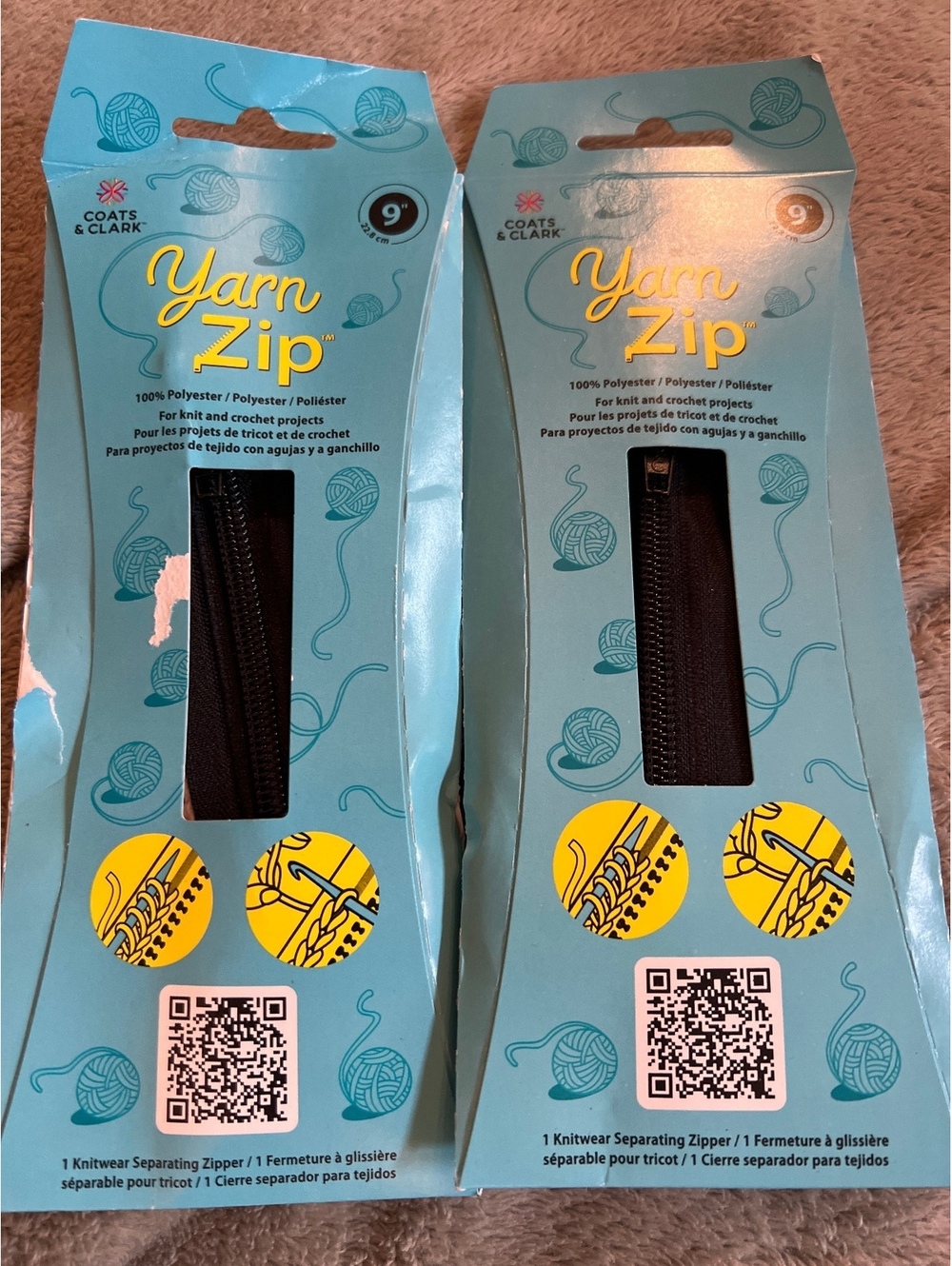 Lot of 2 Coats & Clark Yarn Zip Knitwear Separating Zipper Black 9" Set of 2